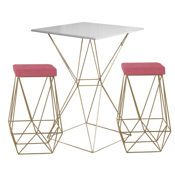 Conjunto Bistrô Yanca Branco E 2 Banquetas Kathy Suede Rosa B