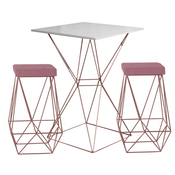Conjunto Bistrô Yanca Branco E 2 Banquetas Kathy Veludo Rosê