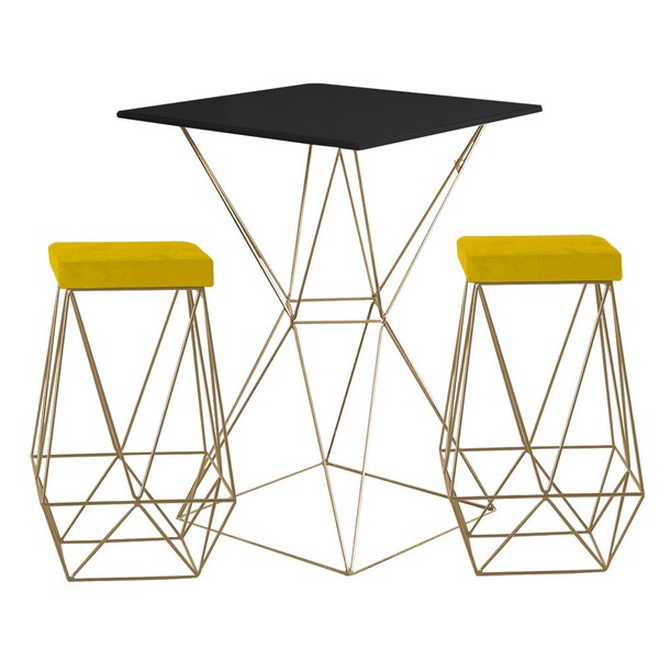 Conjunto Bistrô Yanca Preto E 2 Banquetas Kathy Suede Amarela