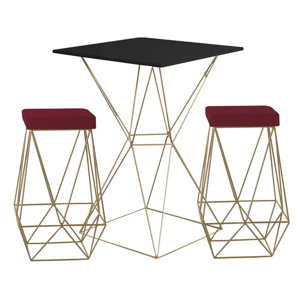 Conjunto Bistrô Yanca Preto E 2 Banquetas Kathy Suede Bordô B