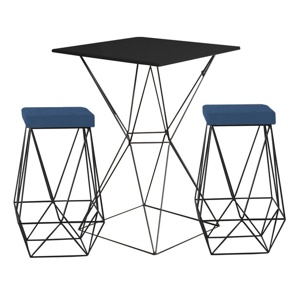 Conjunto Bistrô Yanca Preto E 2 Banquetas Kathy Suede Marinho