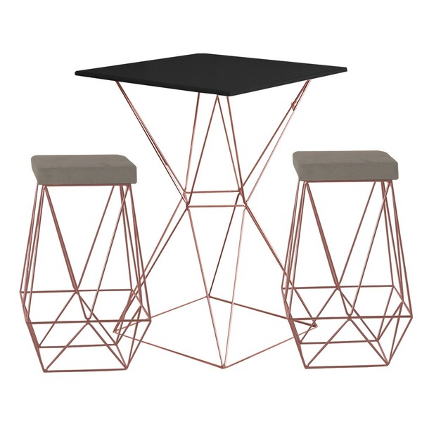 Conjunto Bistrô Yanca Preto E 2 Banquetas Kathy Veludo Cinza