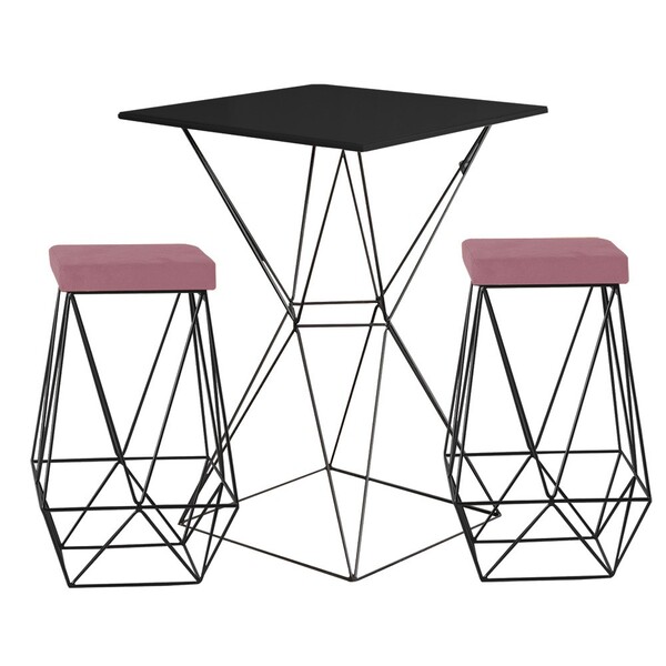 Conjunto Bistrô Yanca Preto E 2 Banquetas Kathy Veludo Rosê B
