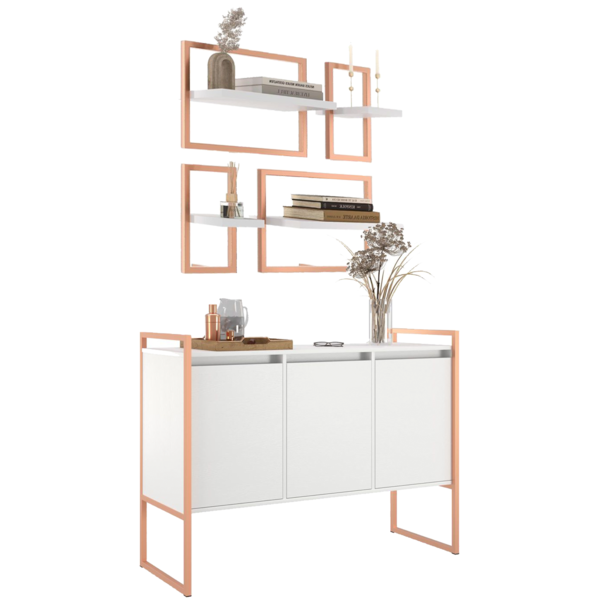 Conjunto Buffet E Prateleiras Decorativas Bari Branco Cobre