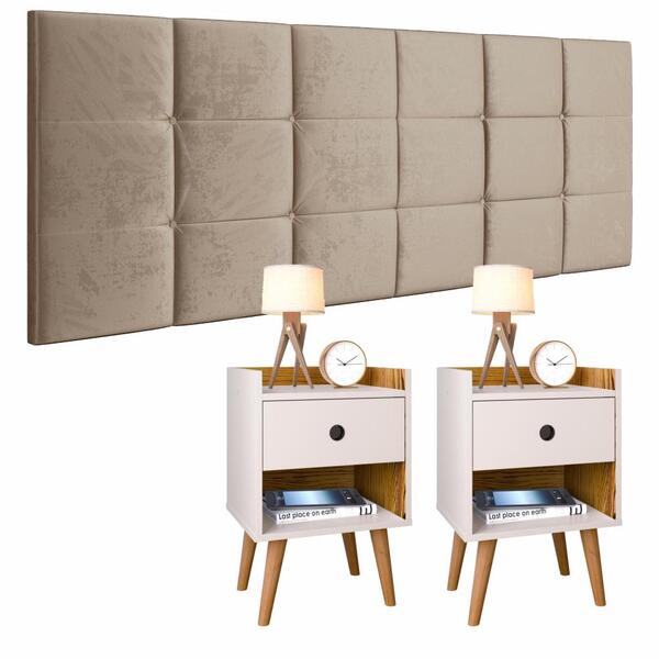 Conjunto Cabeceira Casal 1,40 Bia Bege + Kit 2 Mesas De Cabec