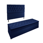 Conjunto Cabeceira Casal E Recamier Baú 1,60m Madrid Suede Az
