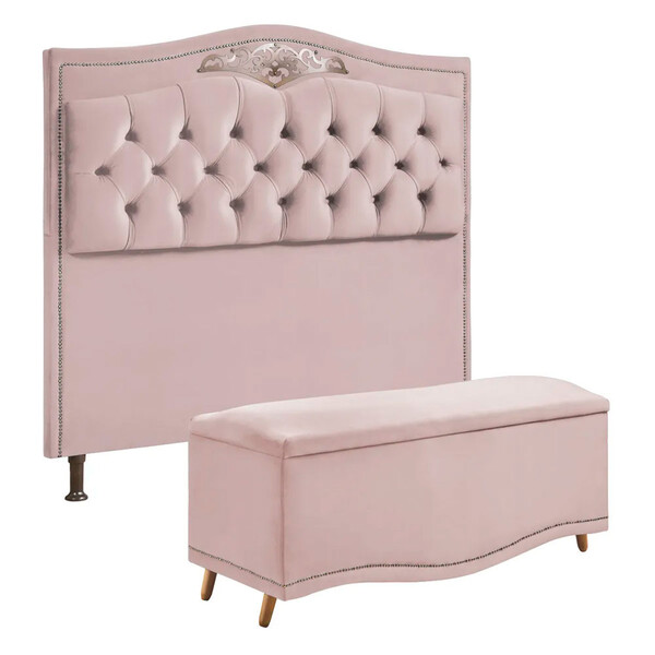 Conjunto Cabeceira E Calçadeira Holanda 140cm Veludo Rosê Sta