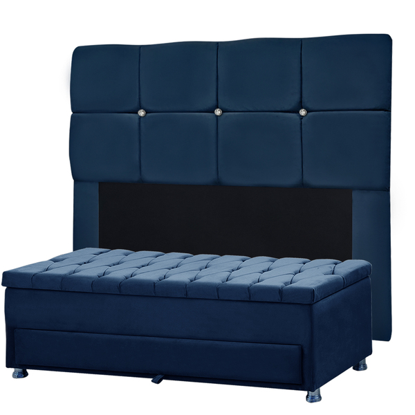 Conjunto Cabeceira Mila + Calçadeira Munique 1 40 Veludo Azul