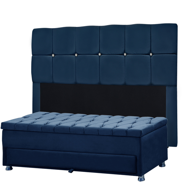 Conjunto Cabeceira Mila + Calçadeira Munique 1 95 Veludo Azul