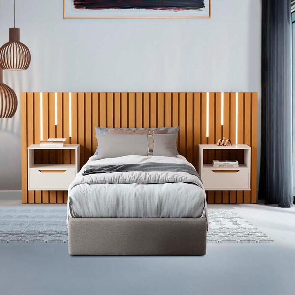 Conjunto Cabeceira Solteiro Ripada Com Led E 2 Mesas De Cabec