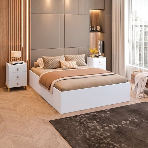 Conjunto Cama Box Casal Lia Com Mesa Cabeceira Com 3 Gavetas