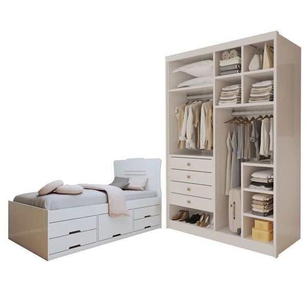 Conjunto Cama Solteiro 5 Gavetas Júlia E Closet Casal Sem Por
