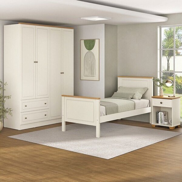 Conjunto Cama Solteiro, Guarda-roupa 4 Portas E 1 Mesa De Cab