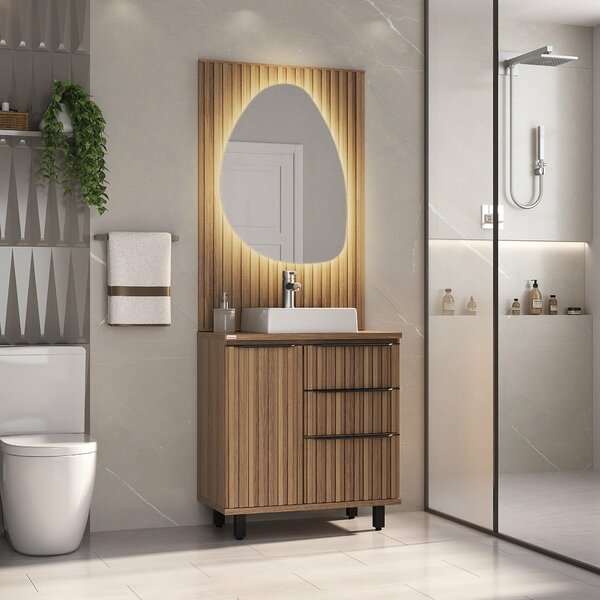 Conjunto Cecília Com Pés  78cm  Painel Ripado E Espelho Led E