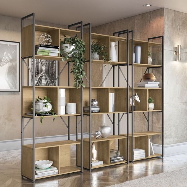 Conjunto Com 03 Estantes 72cm Com Estrutura De Aço Estilo Ind