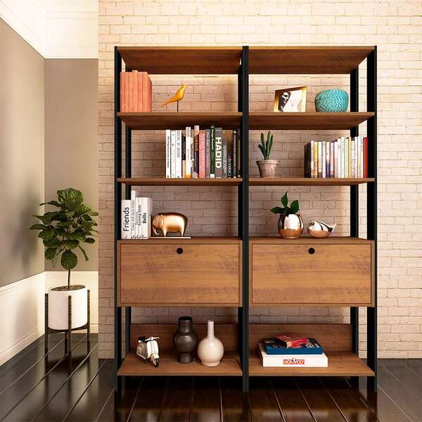 Conjunto Com 2 Estantes Match 2 Pt Pinho E Preto