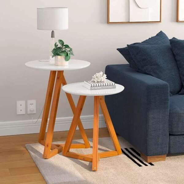 Conjunto Com 2 Mesas Laterais Classic Branco E Madeira