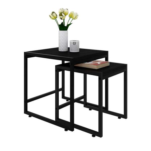 Conjunto Com 2 Mesas Laterais Wooden Ônix E Preto