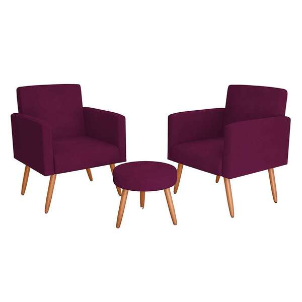 Conjunto Com 2 Poltronas E 1 Puff Dallas Veludo Marsala