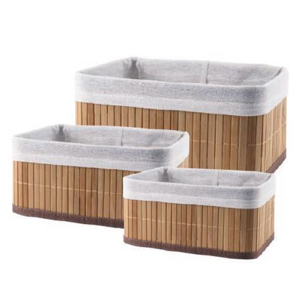 Conjunto Com 3 Cestos Multiuso Em Bambu Claro Forrado Mimo St