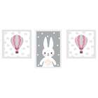 Conjunto Com 3 Quadros Decorativos Balão Pink Ii Cinzza E Rosa