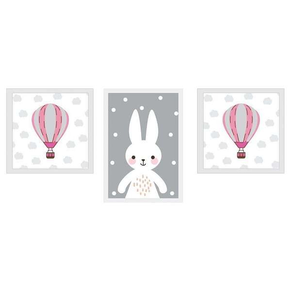 Conjunto Com 3 Quadros Decorativos Balão Pink Ii Cinzza E Rosa