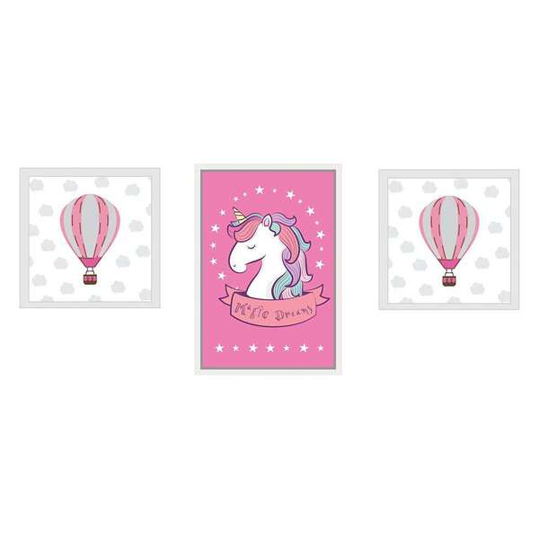 Conjunto Com 3 Quadros Decorativos Balão Rosa E Branco