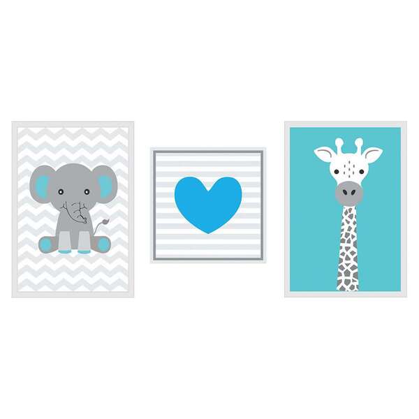 Conjunto Com 3 Quadros Decorativos Coração Blue Azul Turquesa