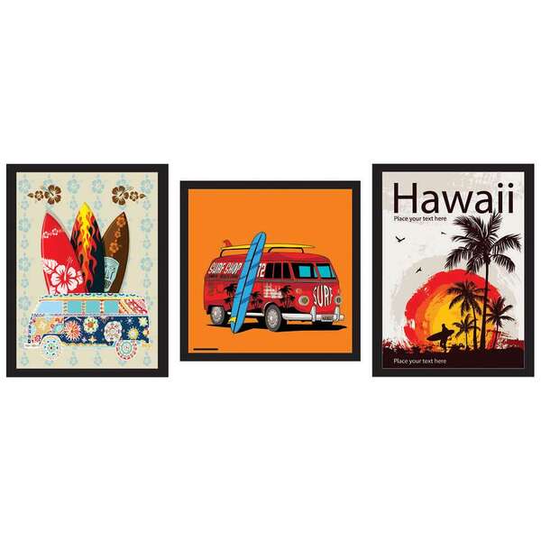 Conjunto Com 3 Quadros Decorativos Hawaii Colorido E Preto