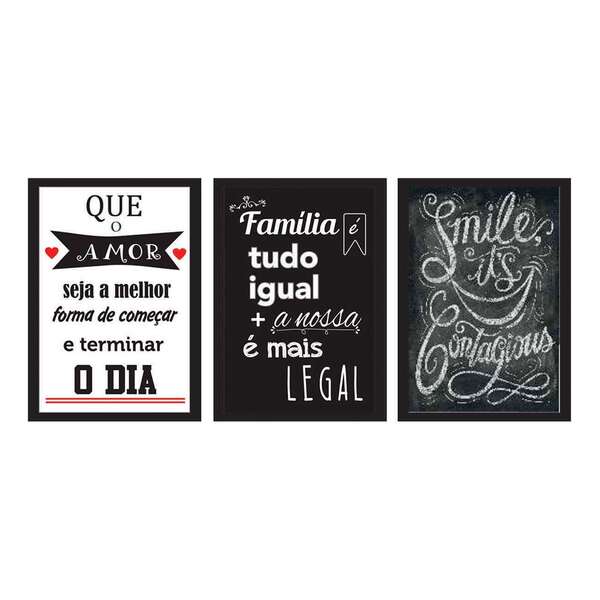 Conjunto Com 3 Quadros Decorativos Smile Preto E Branco