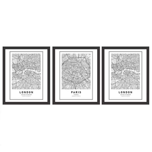 Conjunto Com 3 Quadros Map Preto E Branco