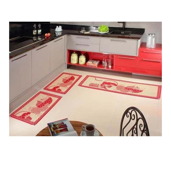 Conjunto Com 3 Tapetes De Cozinha Sisal Retangular Vermelho