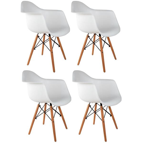 Conjunto Com 4 Cadeiras Eames Com Braços Branca - Base Madeir