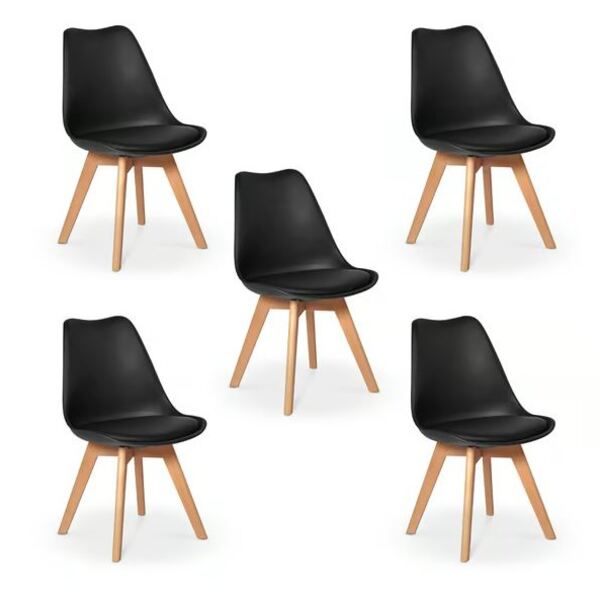 Conjunto Com 5 Cadeira Leda Preta - Charles Eames Wood Com Al