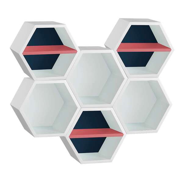 Conjunto Com 6 Nichos Hexagonais Favo Ii Com Prateleira Branc