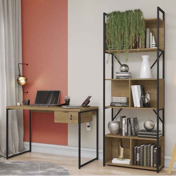 Conjunto Com Mesa Para Escritório 03 Peças Linha Industrial C