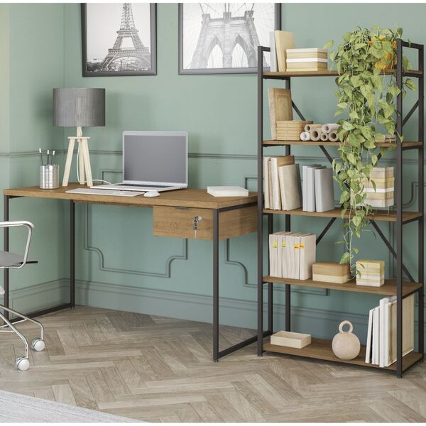 Conjunto Com Mesa Para Escritório 03 Peças Linha Industrial C