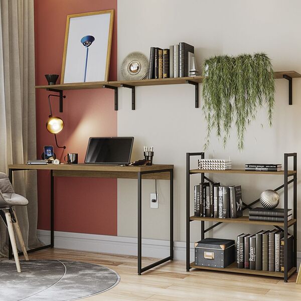 Conjunto Com Mesa Para Escritório 05 Peças Linha Industrial C