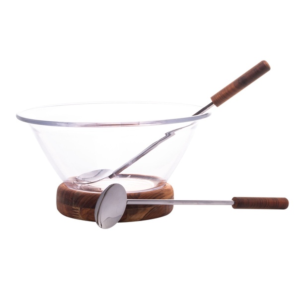 Conjunto Com Saladeira Base Madeira Teca E Par De Talheres 24