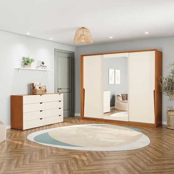 Conjunto Cômoda 8 Gavetas E Guarda-roupa Com Espelho E 3 Port