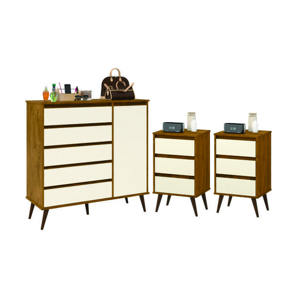 Conjunto Comoda E 2 Mesas De Cabeceira Trance  Freijo Off Whi