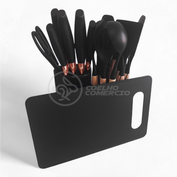 Conjunto Completo De Cozinha Preto Com 19 Utensílios Em Silic