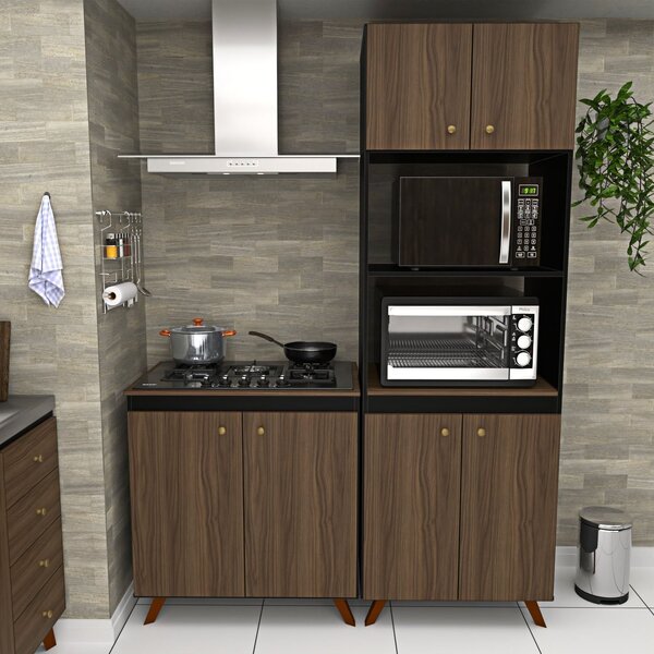 Conjunto Cozinha Modular Balcão Cooktop Torre Quente Nogal /