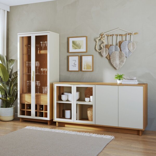 Conjunto Cristaleira 2 Portas De Vidro Guanabara Com Led E Bu