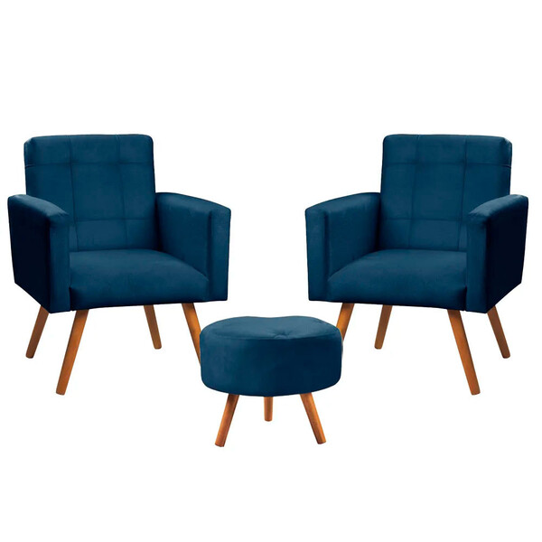 Conjunto De 2 Poltronas + 1 Puff Sabrina Veludo Azul - Specia