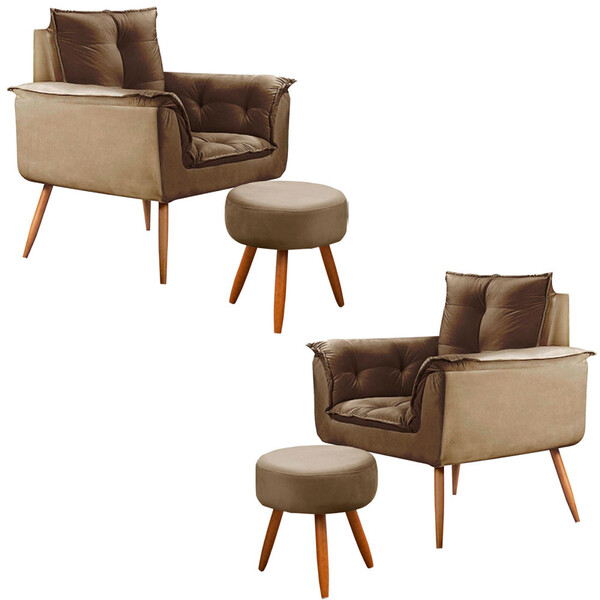 Conjunto De 2 Poltronas + 2 Puff Opala Veludo Marrom Castor -