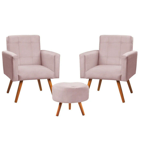Conjunto De 2 Poltronas E 1 Puff Sabrina Em Veludo Rose Star