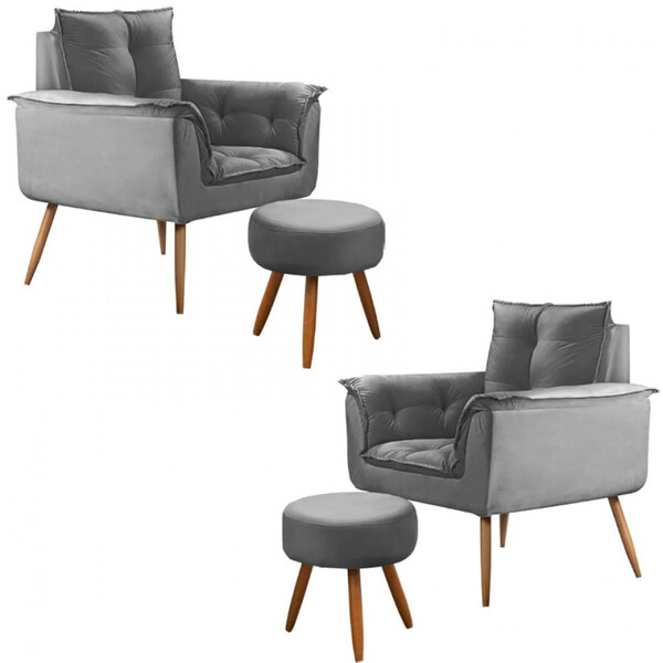 Conjunto De 2 Poltronas E 2 Puff Opala Veludo Cinza Chumbo St