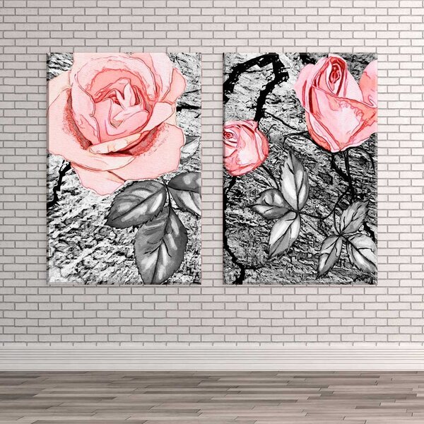 Conjunto De 2 Telas Decorativa Pintura Flor Rosa