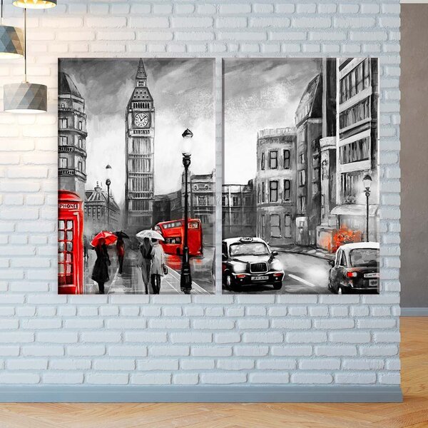 Conjunto De 2 Telas Decorativa Pintura London Vermelho